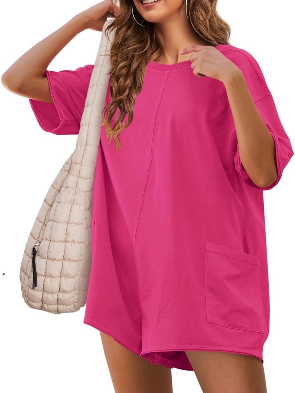 Hot Pink tshirt romper with pockets